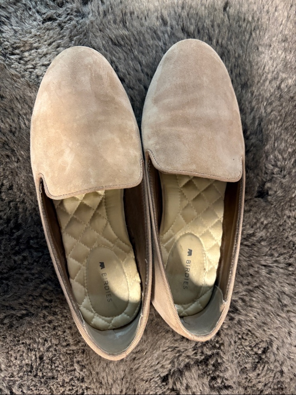 Birdies Taupe Suede Quilted Insole Slip-On Loafers